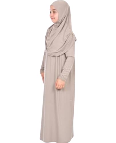 Prien Kids Prayer Dress Muslim Clothes for Girls Long Sleeve Abaya with Hijab Two Piece Maxi Islamic Set Scarf Kaftan Jilbab - color: Ecru