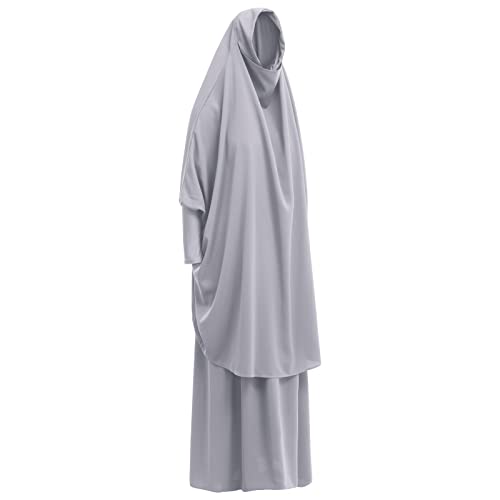 Prayer Clothes for Muslim Women Islamic Abaya Suit Maxi Skirt + Khimar Hijab 2pcss Burka Jilbab Kaftan - color: Grey