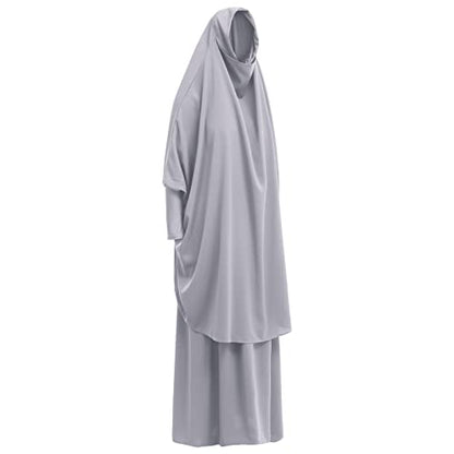 Prayer Clothes for Muslim Women Islamic Abaya Suit Maxi Skirt + Khimar Hijab 2pcss Burka Jilbab Kaftan - color: Grey