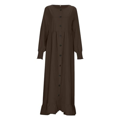 Abaya Ladies Muslim Dress Long Sleeve Maxi Islamic Kaftan Dubai Robe Modest Ramadan Eid Belted Solid Color A9 - color: Coffee, size: Medium