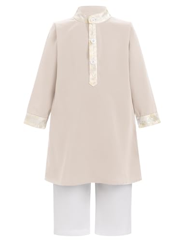 IWEMEK 2PCS Baby 1st Ramadan Outfit Muslim Clothes for Baby Boys Thobe Eid Robe Pants Set Toddler Kaftan Islamic Prayer Abaya - color: Apricot + White, size: 6-12 Months