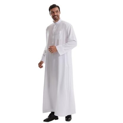 IKADEX Muslim Thobe for Men Islam Kaftan Long Sleeve Button Down Casual Henley Prayer Robe Clothing Dubai Arabic with Pockets - color: White, size: Large
