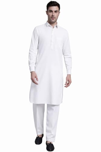 Maple Clothing Punjabi Kurta Pajama Set Mens Pathani Cotton Indian Clothes Bollywood Outfit - color: White, size: Large