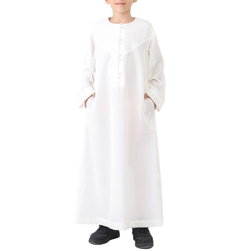 Boys Arabic Thobe Solid Long Sleeve Muslim Kaftan Robe Kids Boys Crew Collar Button Islamic Thobe Ramadan Eid Outfit - color: White, size: 3-4T