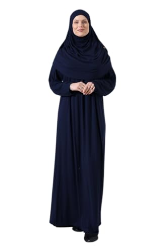 ihvan online Muslim Dresses for Women, Prayer Dress, Islamic Abaya with Hijab, One-Piece Long Sleeve Muslim Dress - color: Navy Blue