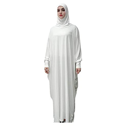 Women's Solid Muslim One-Piece Prayer Dress Abaya Kaftan with Hijab Full Length Dress - color: White