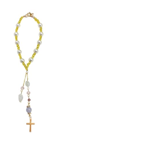 Natural Jade Cross Car Hanging Ornament, Religious Handmade Rearview Mirror Pendant with Pearl, Christian Rear View Mirror Charm Glass Beaded Hanging Accessories for Women Men