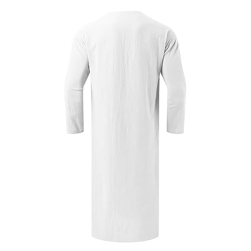 Muslim Thobe for Men Button Down Kaftan Long Sleeve Long Gowns Solid Sleep Shirts Robes with Pockets Side Split - color: White, size: Medium