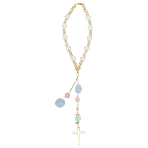 Natural Jade Cross Car Hanging Ornament Rearview Mirror Accessories Glass Beaded Charms With Pearl Car Hanging Accessories Suncatcher for Car Rear View Mirror Window Balcony Keychain Decor