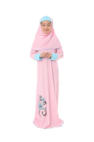 Girl's Prayer Islamic Dress Flower Printed Sleeve Cuffed Prayer Set for Muslim Girls - color: Pink, size: 12-13 Years