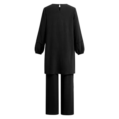 Abayas Dress For Women Muslim Long Sleeve Loose Top Pants 2 Pcs Dubai Islamic Muslim Women Matching Sets - color: Black Cc, size: Large
