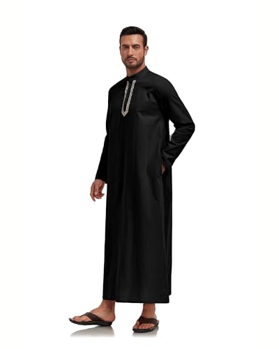 Jacansi Men's 65% Cotton 35% Linen Kaftan Robe, Henley Button Down Thobe, Long Sleeve Casual Gown with Pockets - color: Black, size: Large