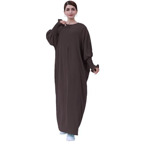 khalat Womens Muslim Prayer Dress Front Zipper Kaftan Islamic Robe Modest Solid Abayas for Women Muslim - color: Dark Coffee