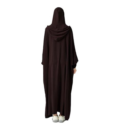 Abaya Muslim Dress Women Prayer Dress Long Sleeve Hooded Loose Maxi Dress Arabian Dubai Islamic Clothes - color: Dark Coffee