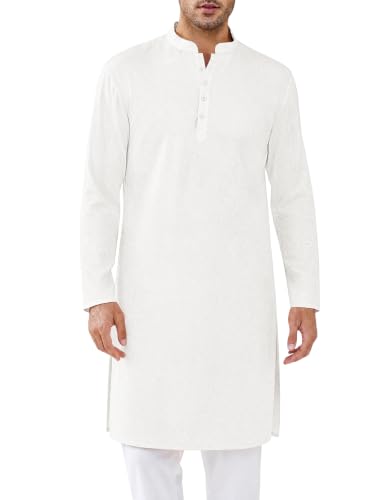 Runcati Mens Kurta Thobe Textured Henley Shirt - color: Flower- White, size: Medium