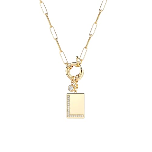 Mint & Lily Gold Initial Necklace for Women – 18K Gold Plated 24” Paperclip Chain with Sparkling Letter Pendant - style: L