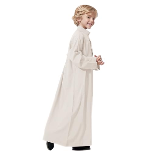 Arabic Thobe Muslim Thobe Long Sleeve Kaftan Crew Robe National Costume Teenage Boys Long Sleeve Embroidered Robe - color: Beige, size: 11-12 Years