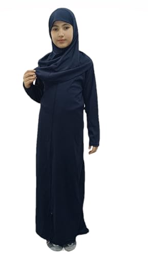 Abaya for little girls sleeved Prayer Dress &Hijab One-piece prayer dress with hijab muslim girls jilbab Abaya. - color: Navy, size: 2