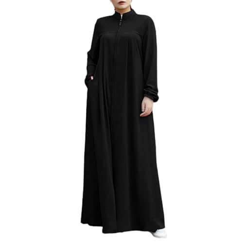 Womens Abaya Muslim Long Sleeve Front Zipper Dress Prayer Islamic Clothes with Pockets - color: Black, size: XX-Large