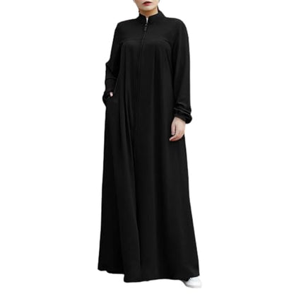 Womens Abaya Muslim Long Sleeve Front Zipper Dress Prayer Islamic Clothes with Pockets - color: Black, size: XX-Large