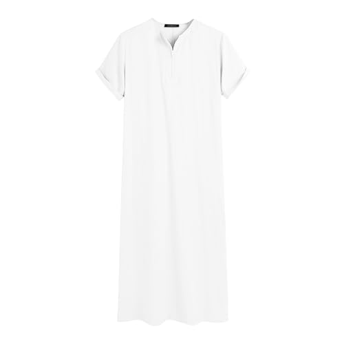Muslim Thobe for Men Islamic Robe Kaftan Long Sleeve Jubba Arabic Gown Cotton Linen Loose Fit Ramadan A20 - color: White, size: Medium