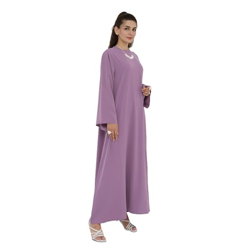 Women Abaya Dress with Belt Muslim Bell Sleeve Robe Islamic Prayer Jilbab | with Belt, A-line Skirt, Bell Sleeve - color: Dark Purple, size: Medium