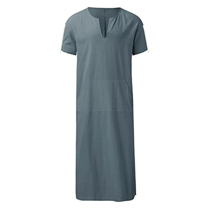 Mens Muslin Robe Full Length Long Sleeve Tops V Neck Kaftan Lightweight Pullover Thobe Comfy Nightshirts - color: A03 Grey, size: Medium