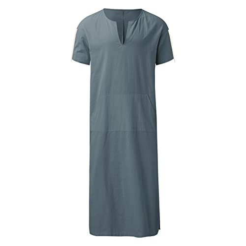 Mens Muslin Robe Full Length Long Sleeve Tops V Neck Kaftan Lightweight Pullover Thobe Comfy Nightshirts - color: A03 Grey, size: Large