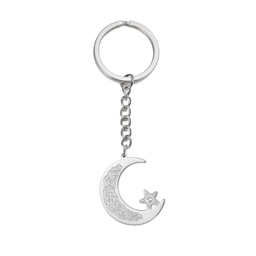 Islamic Ayatul Kursi Keychain Muslim Crescent Moon and Star Keyring Arabic Calligraphy Keyring Allah Amulet Jewelry - color: Silver