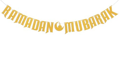 Ramadan Mubarak Banner - Happy Eid Decor, Ramadan Decorations for Home Umrah Mubarak Decorations Eid Festival Party Decorations Gold Glitter