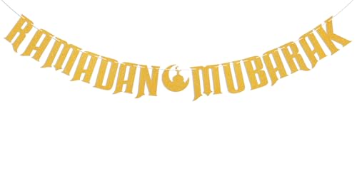Ramadan Mubarak Banner - Happy Eid Decor, Ramadan Decorations for Home Umrah Mubarak Decorations Eid Festival Party Decorations Gold Glitter