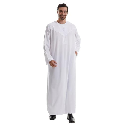 IWEMEK Men Muslim Thobe Long Sleeve Kaftan Robe with Pockets Saudi Arabic Thobe Ramadan Middle East Dubai Islamic Abaya Dress - color: White, size: Medium