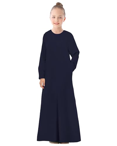 WSPLYSPJY Solid Color Muslim Dress for Girls Kids Abaya Zipper Islamic Prayer Clothes with Pockets - color: Navy Blue, size: 13-14 Years