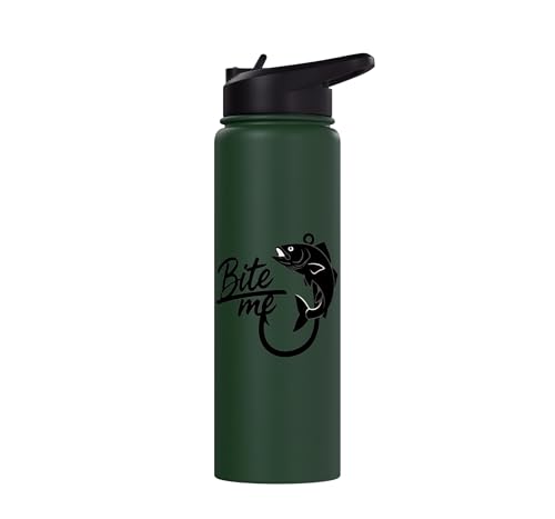 Bite Me Fishing Hook Funny Angler Fish Graphic Stainless Steel Insulated Water Bottle - color: Dark Green