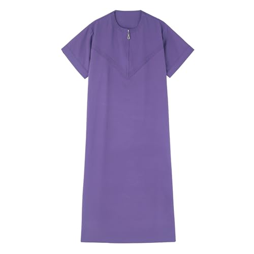 Muslim Thobe for Boys Short Sleeve Islamic Kaftan Dubai Robe Kids Boys Solid Arabic Thobe Crew Neck Prayer Clothes - color: Purple, size: 5-6X
