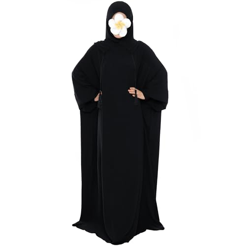 khalat Muslim Prayer Dress Abaya Solid One-Piece Hoodie Abaya Dress for Women Long Maxi Dress Islamic Dubai Jilbab - color: Black