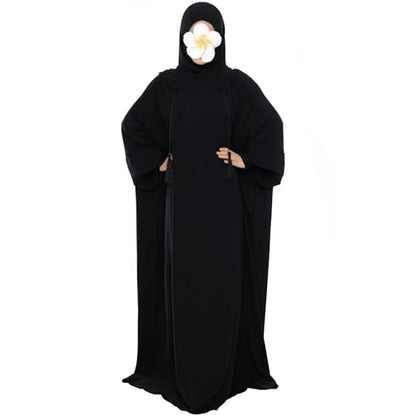 khalat Muslim Prayer Dress Abaya Solid One-Piece Hoodie Abaya Dress for Women Long Maxi Dress Islamic Dubai Jilbab - color: Black