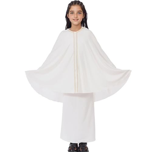 Lenmipot Kids Jilbab 2pcs Abaya Girls Muslim Prayer Dress Kids Eid Full Cover Abaya Dress Set Islamic Prayer Jilbab for Girl - color: Whitea, size: 7-8 Years