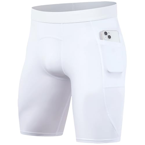 Compression Shorts for Men Pocket Compression Spandex Underwear Shorts Running Workout Athletic - color: White, size: Small