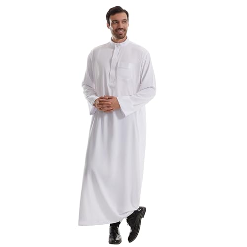 IWEMEK Muslim Thobe for Men Kaftan Thobe with Pockets Middle East Saudi Arabic Robe Ramadan Caftan Dubai Islamic Abaya Dress - color: White, size: Medium