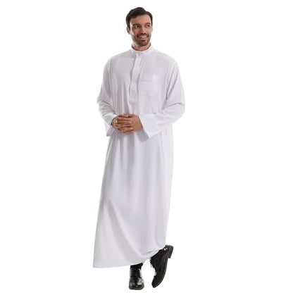 IWEMEK Muslim Thobe for Men Kaftan Thobe with Pockets Middle East Saudi Arabic Robe Ramadan Caftan Dubai Islamic Abaya Dress - color: White, size: Medium
