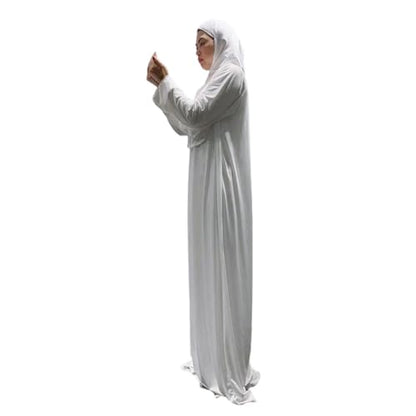 Hooded Muslim Hijab Dress For Women Full Cover Prayer Garment Long Ramadan Modest Maxi Gown - color: White