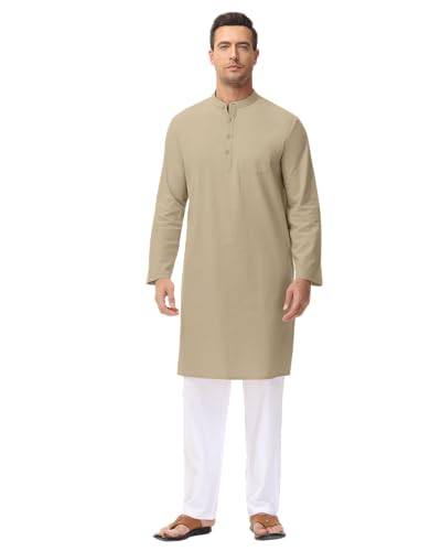 LVCBL Men's Kaftan Robe Long Sleeve Linen Thob Side Split Button Down Thobe Long Tunic Shirts - color: Khaki