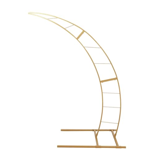 Tableclothsfactory 6.5ft Gold Metal Crescent Moon Wedding Arch Photography Backdrop Stand, Curved Design Flower Balloon Frame, Collapsible Arbor Stand with Solid Rectangular Base