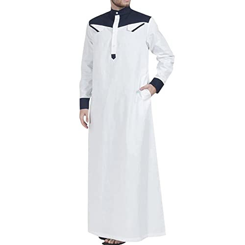 Men's Muslim Thobe Casual Islamic Long Sleeves Button Down Kaftan Arab Clothing Muslim Gown for Men - color: Navy, size: Large