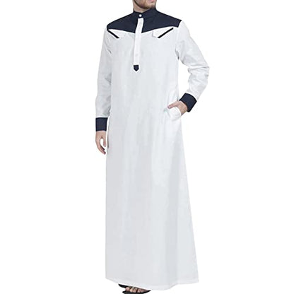 Men's Muslim Thobe Casual Islamic Long Sleeves Button Down Kaftan Arab Clothing Muslim Gown for Men - color: Navy, size: X-Large