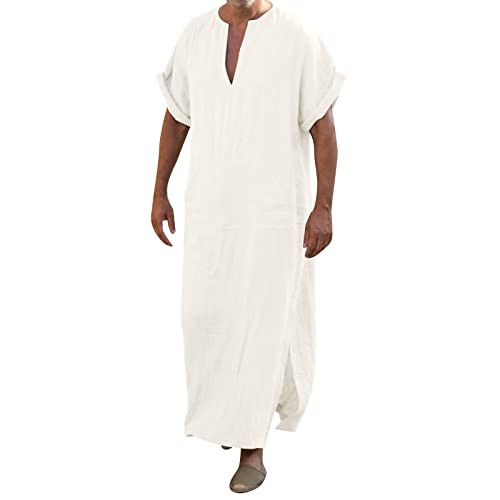 Mens Muslin Robe Full Length Long Sleeve Tops V Neck Kaftan Lightweight Pullover Thobe Comfy Nightshirts - color: A01 White, size: Small