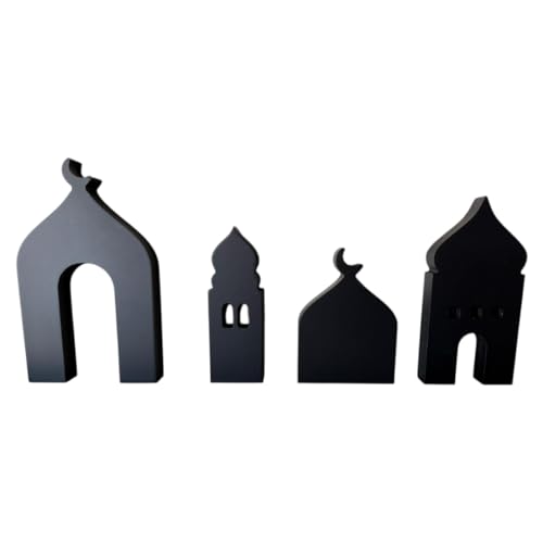 4-Pcs Masjid & Minar Decor Set (5"–7") — Elegant Contemporary Islamic Home Accent & Arabian Style Table Decor (Black) - color: Black