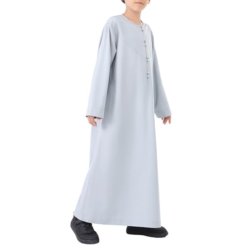 Kids Arabic Thobes for Boys Muslim Thobe Long Sleeve Kaftan Islamic Prayer Dress Kids Dubai Robe Burkas Ramadan Eid Outfit - color: Grey, size: 5-6 Years