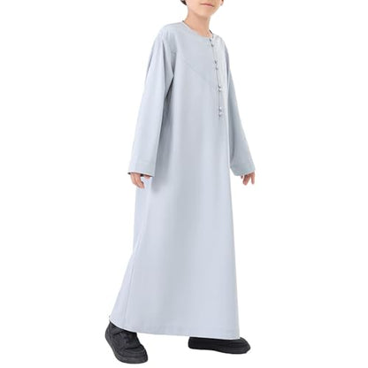 Kids Arabic Thobes for Boys Muslim Thobe Long Sleeve Kaftan Islamic Prayer Dress Kids Dubai Robe Burkas Ramadan Eid Outfit - color: Grey, size: 5-6 Years